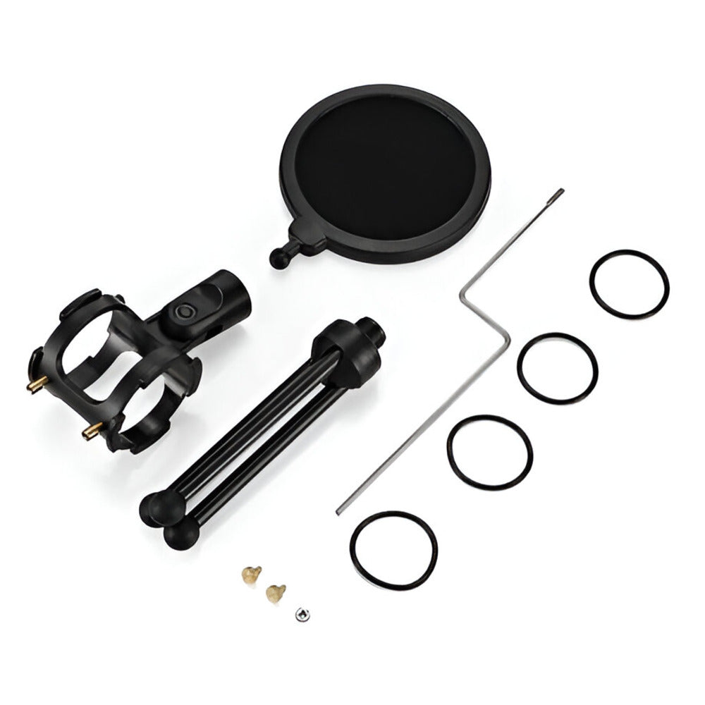 Black microphone pop filter and accessories on a white background
