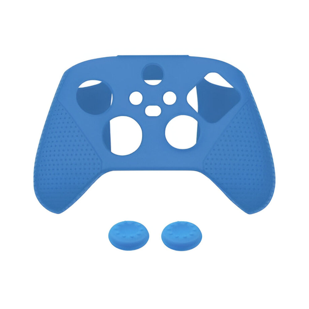 Blue gaming controller skin with two matching buttons on a white Dobe TYX-0626 Xbox Series SX Controller Skin and Thumb Grip Covers background