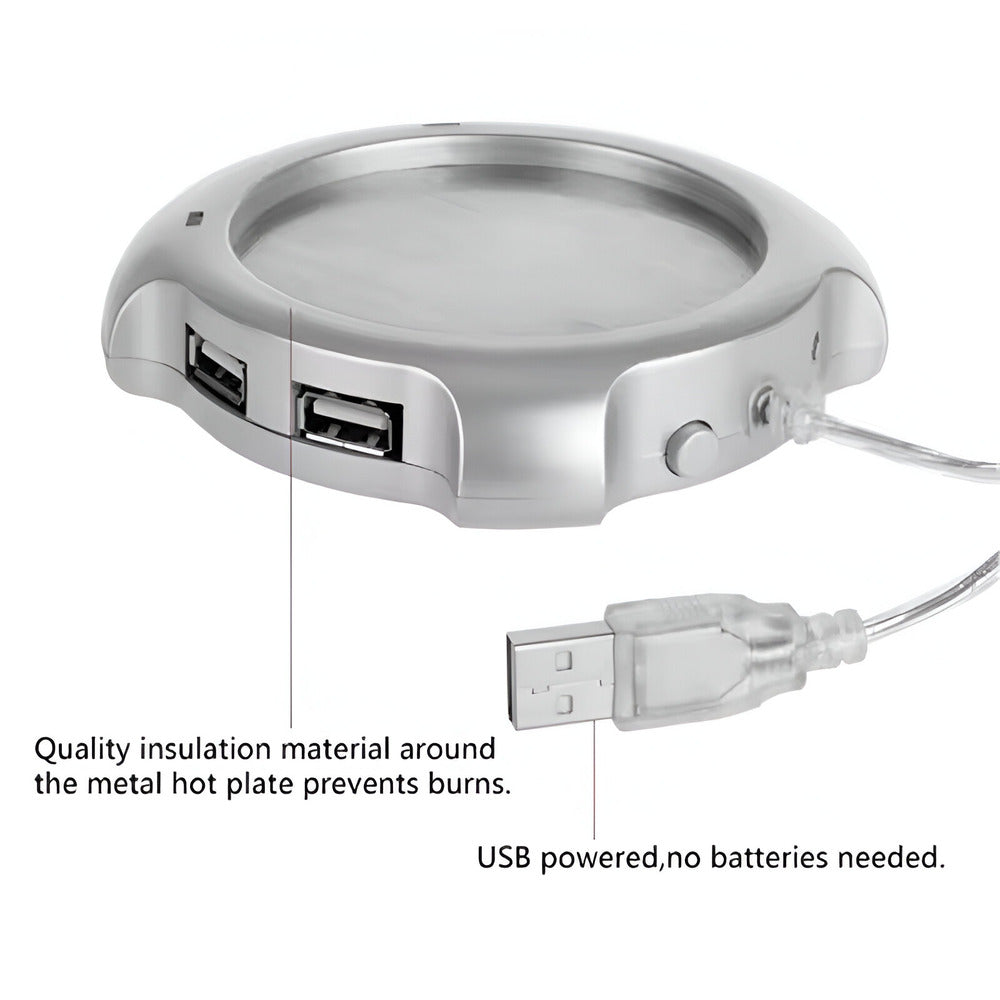 USB Mug Warmer And 4 Port Hub, Metal hot plate with USB ports and insulation material, USB cable attached.