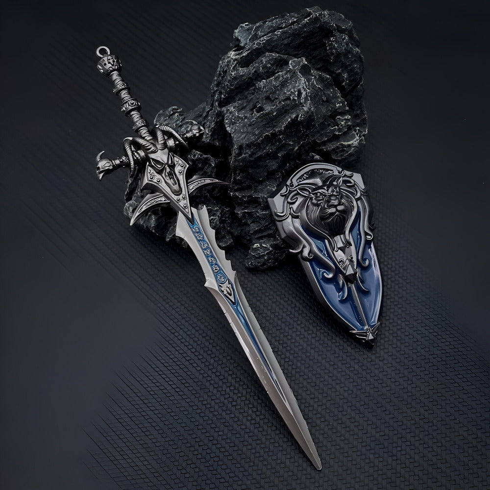 Decorative sword with ornate handle and sheath on a dark textured background