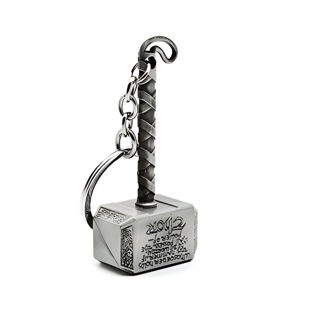Metallic hammer keychain with detailed design on a white background / Marvel Avenger's Thor's Hammer Mjolnir Keychain