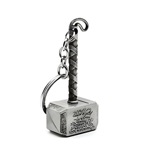 Metallic hammer keychain with detailed design on a white background / Marvel Avenger's Thor's Hammer Mjolnir Keychain