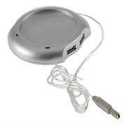 USB Mug Warmer And 4 Port Hub Silver USB hub with a cable on a white background