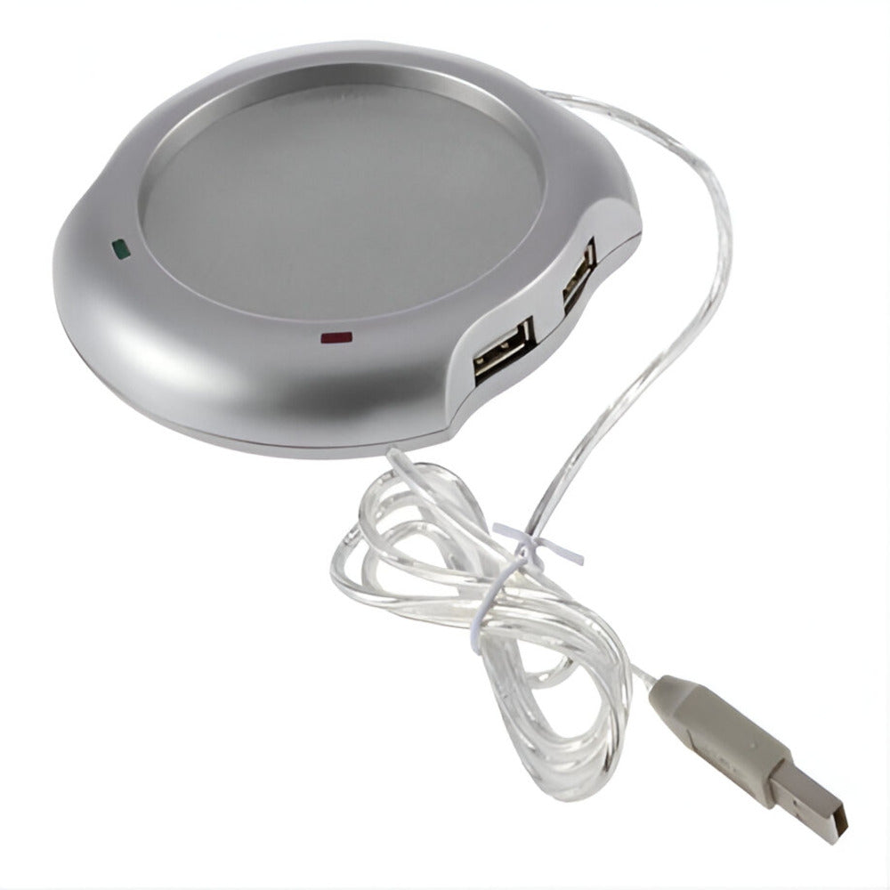 USB Mug Warmer And 4 Port Hub Silver USB hub with a cable on a white background