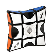 Twisted puzzle cube with colorful sides on a white background