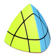 Triangular Rubik's Cube with green and blue sides on a white background Curved Triangle Mastermorphix Smooth 4x3 Speed Rubik's Cube
