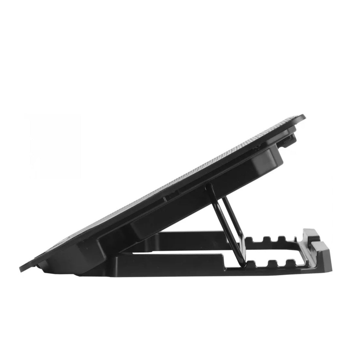 Black adjustable laptop stand on a white background