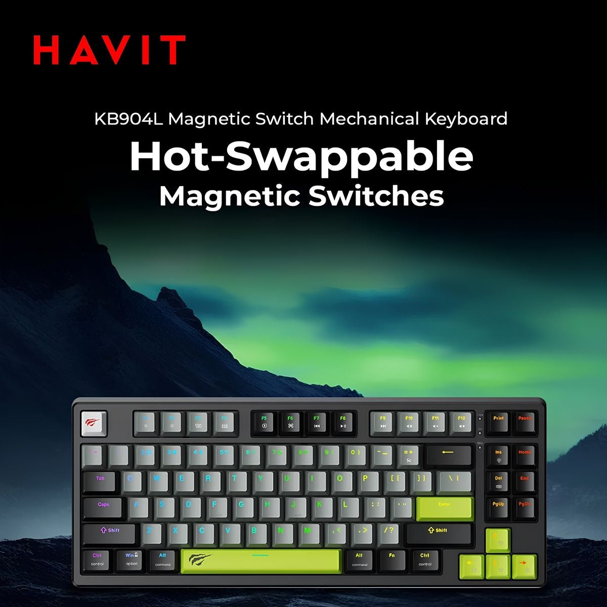 Havit mechanical keyboard with magnetic switches on a scenic background