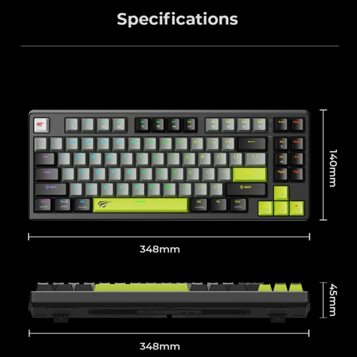 Gaming keyboard with dimensions displayed on a black background