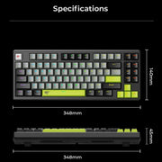 Gaming keyboard with dimensions displayed on a black background