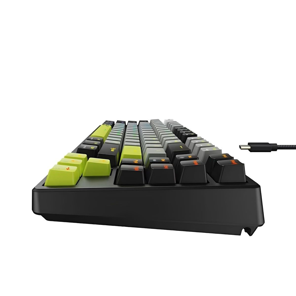 Mechanical keyboard with green and black keys on a white background