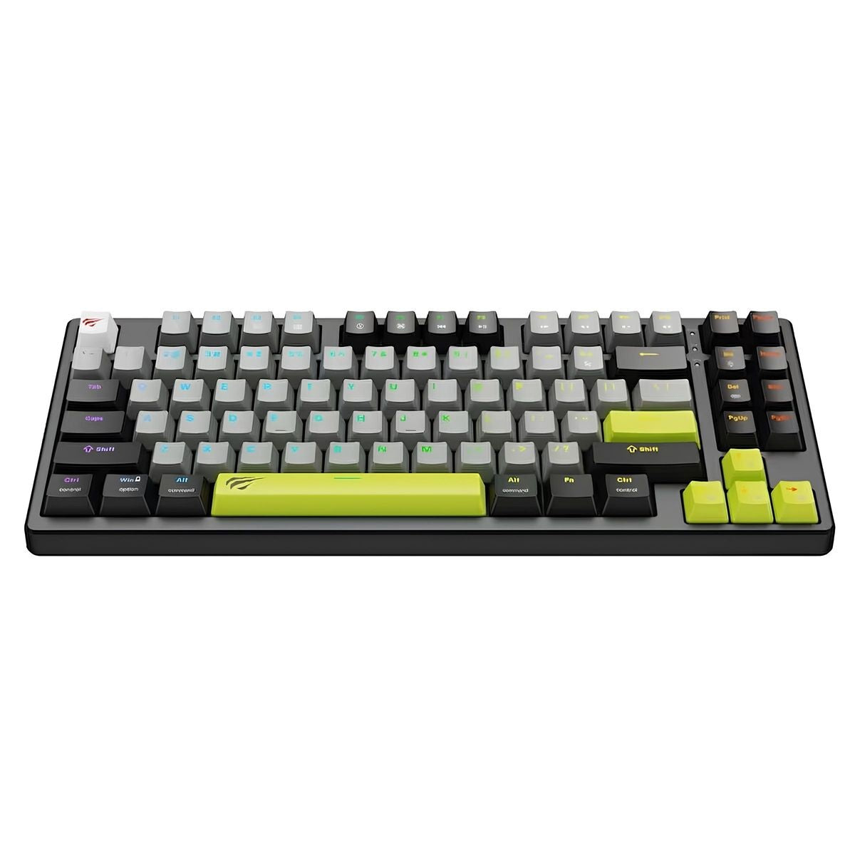 Mechanical keyboard with gray and green keys on a white background