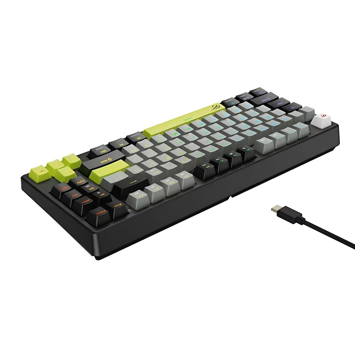Mechanical keyboard with green and gray keys on a white background