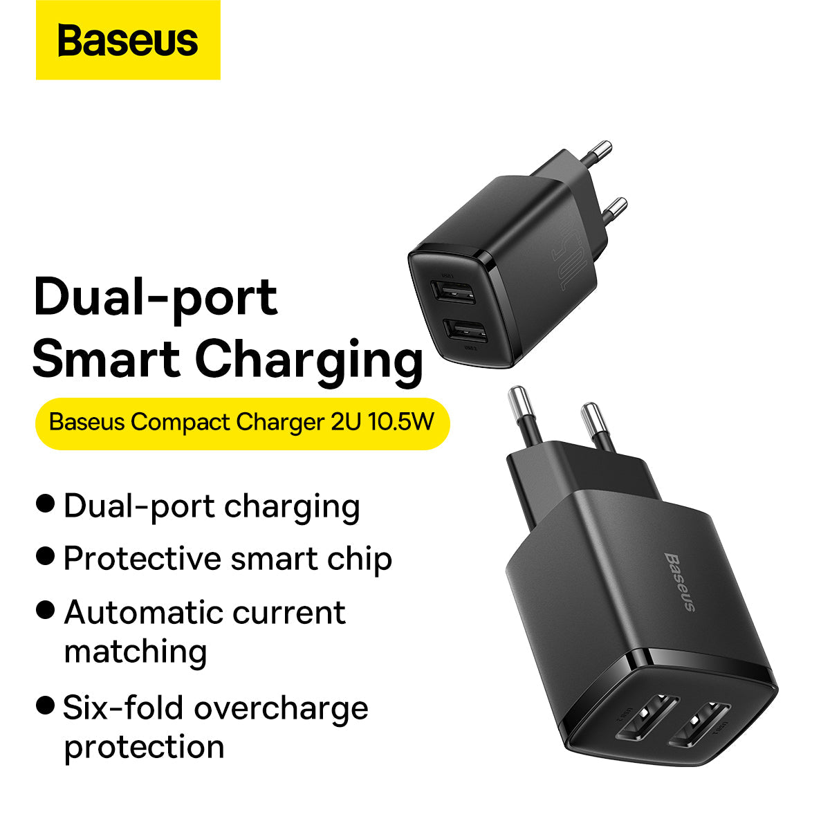 Baseus Compact Quick Dual-Port Charger 10.5W, 2x USB Type-A - Black