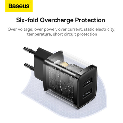 Baseus Compact Quick Dual-Port Charger 10.5W, 2x USB Type-A - Black